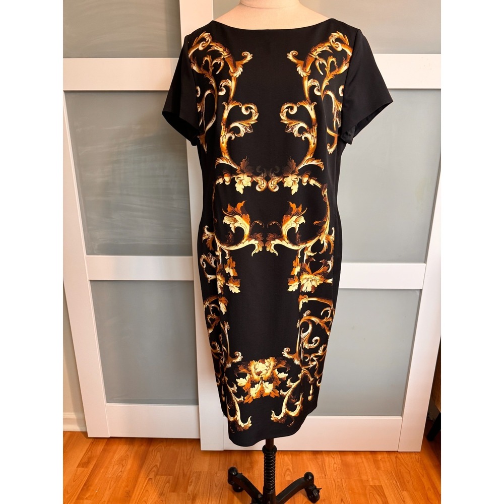 ESCADA NWT Barocco Print Cocktail Sheath Dress Black Gold US 12 Knee Length